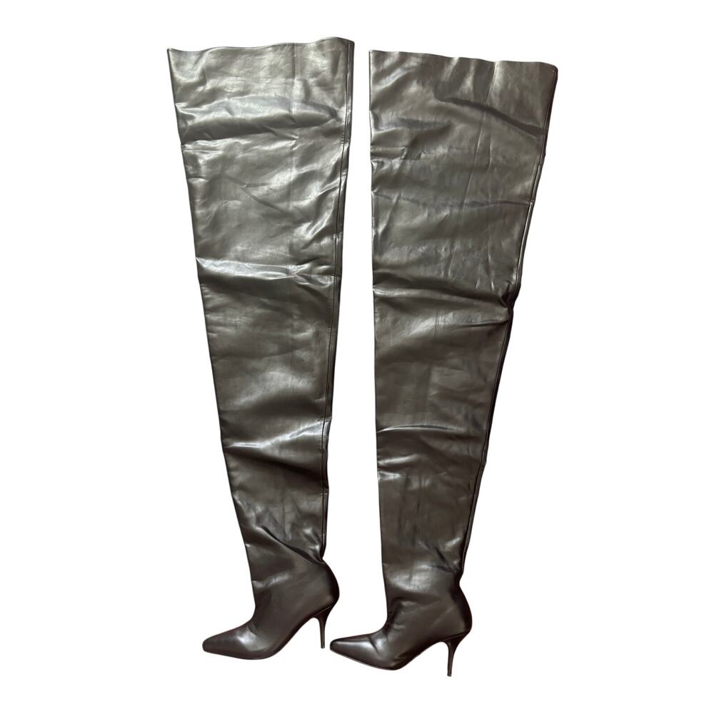 AZALEA WANG NEMY BLACK SLOUCHY KITTEN HEEL THIGH HIGH FAUX LEATHER BOOTS size 8